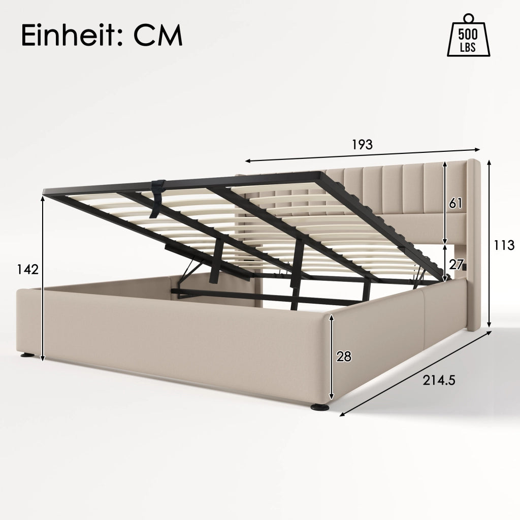 Letti contenitori 180x200 cm; sollevamento idraulico; lino; beige (Senza materasso)