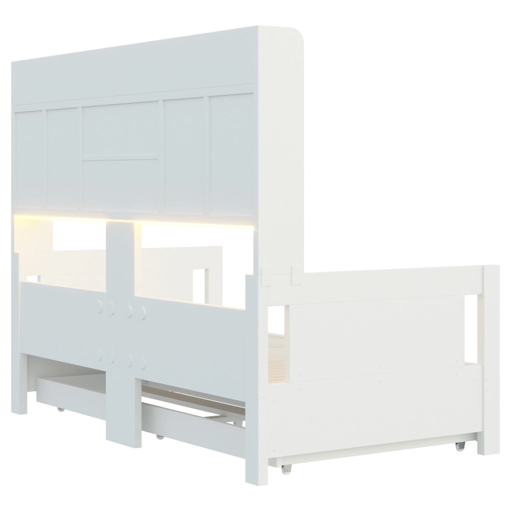 Divano letto estraibile in legno 90x190 cm; con cassetti; vani contenitore e LED; bianco