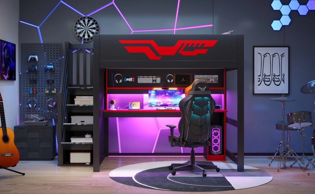 Letto a soppalco gaming 140 x 200 cm con scrivania, LED e USB
