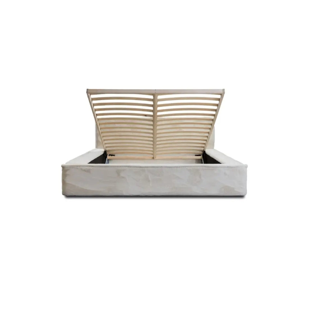 Letto contenitore ORLANE – Beige Sabbia perla polare – 160x200 cm – Rete sollevabile – Design di alta gamma