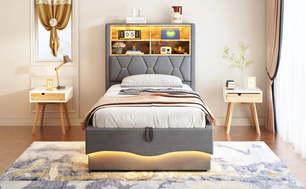 DESMIU Lit enfant 90 × 200 cm con LED, USB, vano idraulico e vano contenitore, senza materasso, grigio