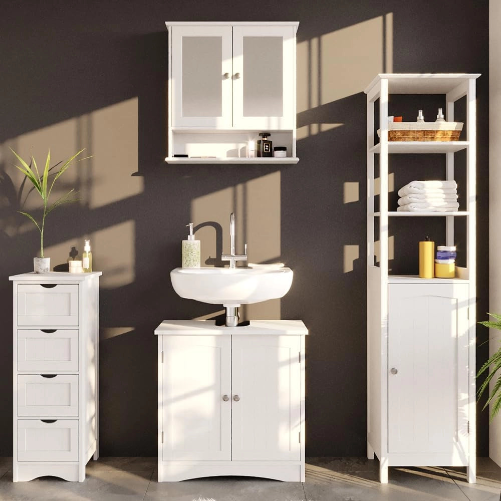 Specchio contenitore bagno Bianco, Bianco, 56 x 58 cm, per montaggio a parete con specchio integrato e ripiani