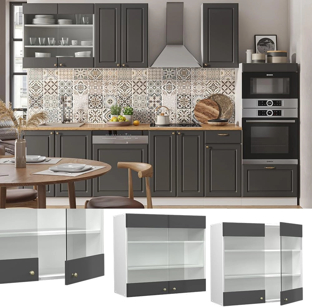 Mobile da cucina in vetro Fame-Line, Antracite-oro, 80 cm, per la combinazione con altri moduli della serie Fame-Line