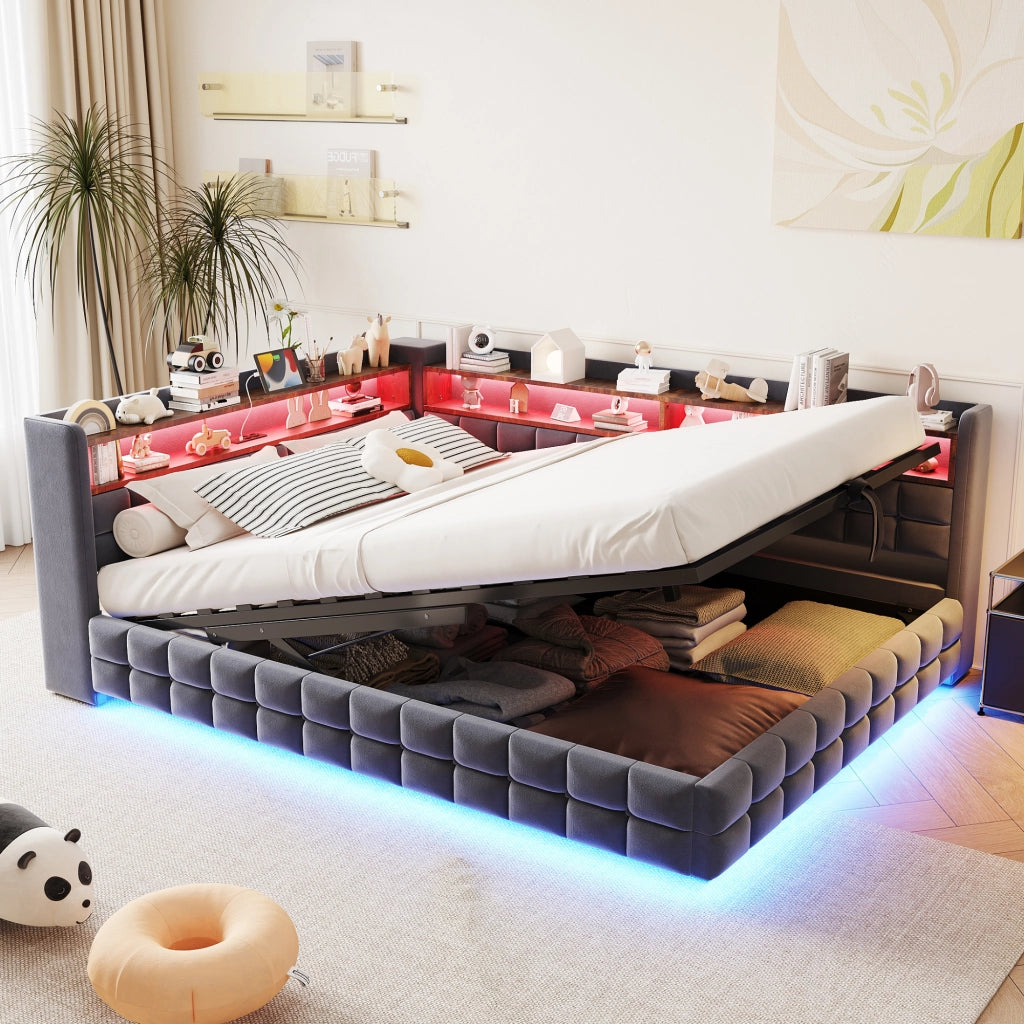 OKWISH Letto con Contenitore 140×200 cm, Letto Matrimoniale con LED, USB, Tipo C e Mensole, senza Materasso, Imbottito, Grigio