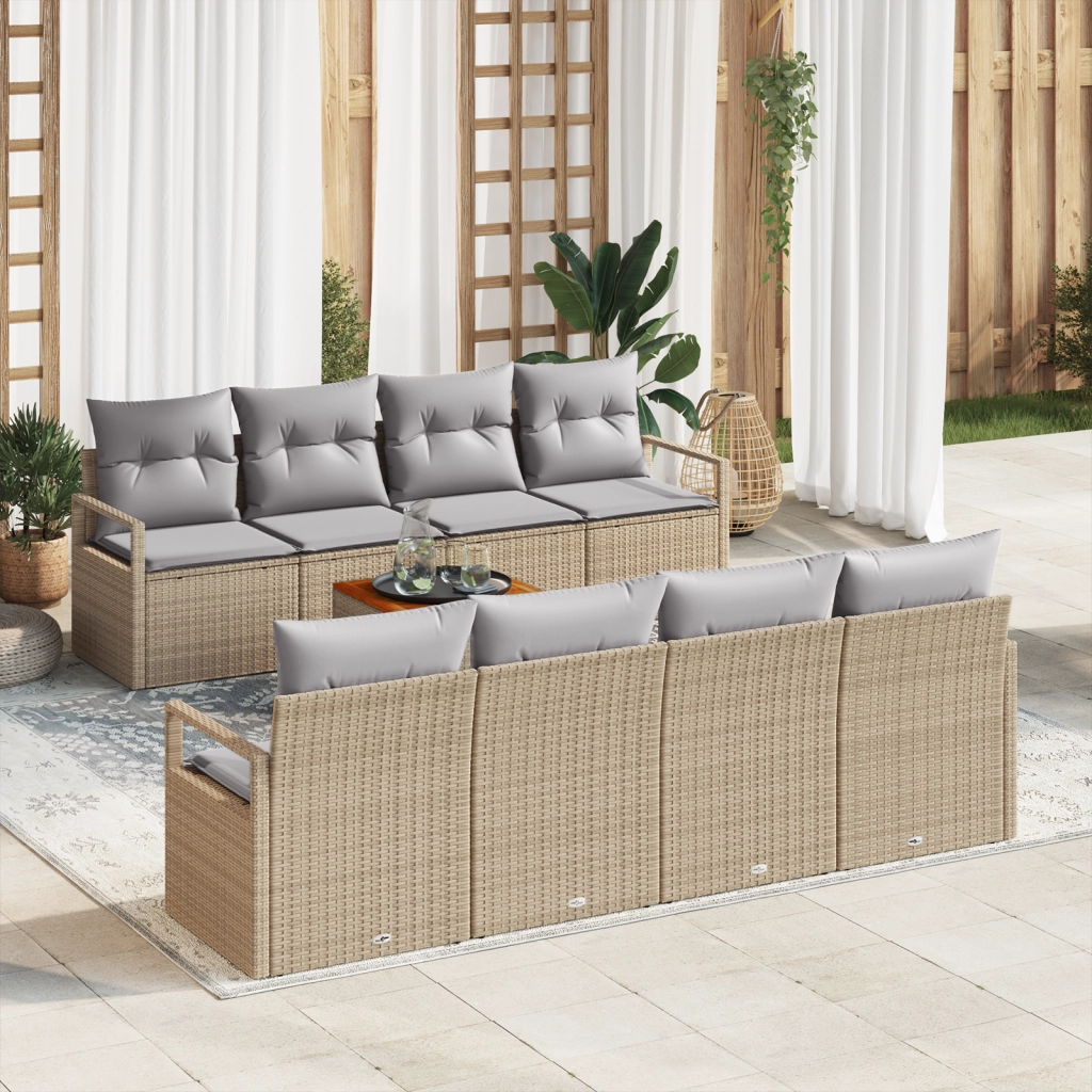 Set Divano da Giardino da 9 Pezzi con Cuscini Beige Polyrattan Acacia