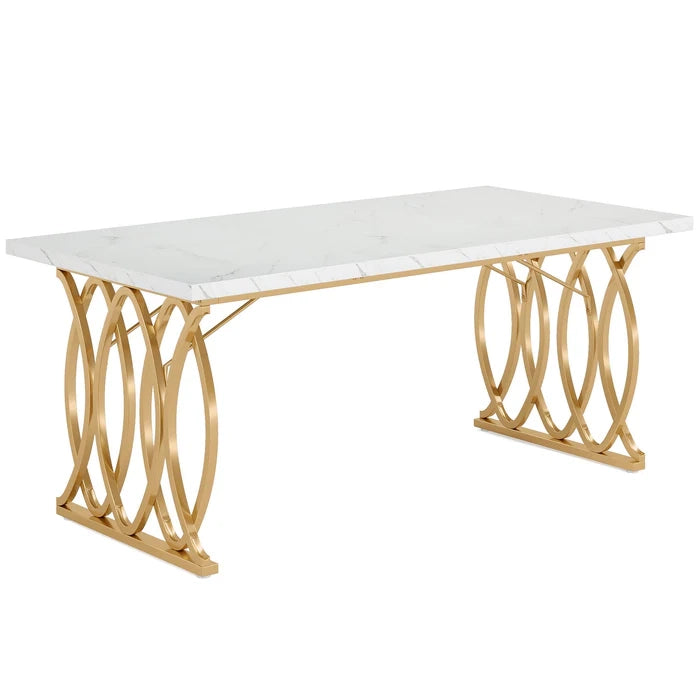 Scrivania ufficio moderna 160x80 cm bianco e oro con piano effetto marmo e struttura in metallo