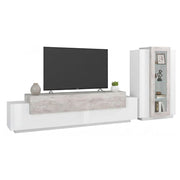 Parete attrezzata da soggiorno Anisia, Made in Italy, Porta TV a luce LED bianca, Set salotto moderno, cm 290x45h121, Bianco lucido e Cemento