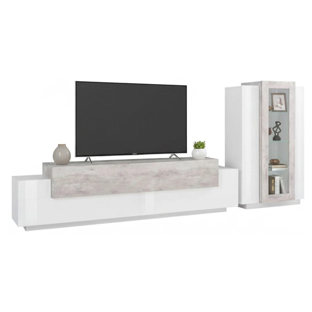 Parete attrezzata da soggiorno Anisia, Made in Italy, Porta TV a luce LED bianca, Set salotto moderno, cm 290x45h121, Bianco lucido e Cemento