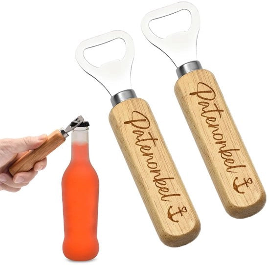 Apri-bottiglie con Lifter capsule in legno - Regalo per padrino - Lasergravatura a doppia faccia - Acciaio inossidabile - 13,5x4 cm - Inclusa cartolina da inviare