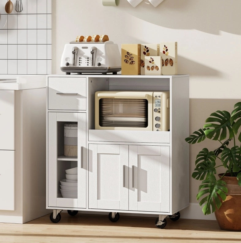 Mobile da cucina su ruote bianco con cassetto, nicchie, ripiano regolabile