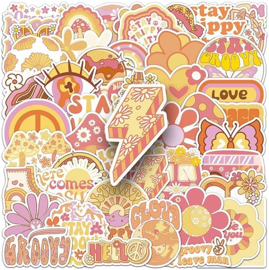 Sticker Retro Vinyl 50 pezzi - Acqua Resistente - Disegni Boho Groovy - Modelli Vintage - Adatto per Laptop/Auto
