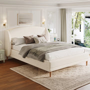 Letto matrimoniale 140x190 cm con testiera a orecchie; rivestimento bouclé bianco