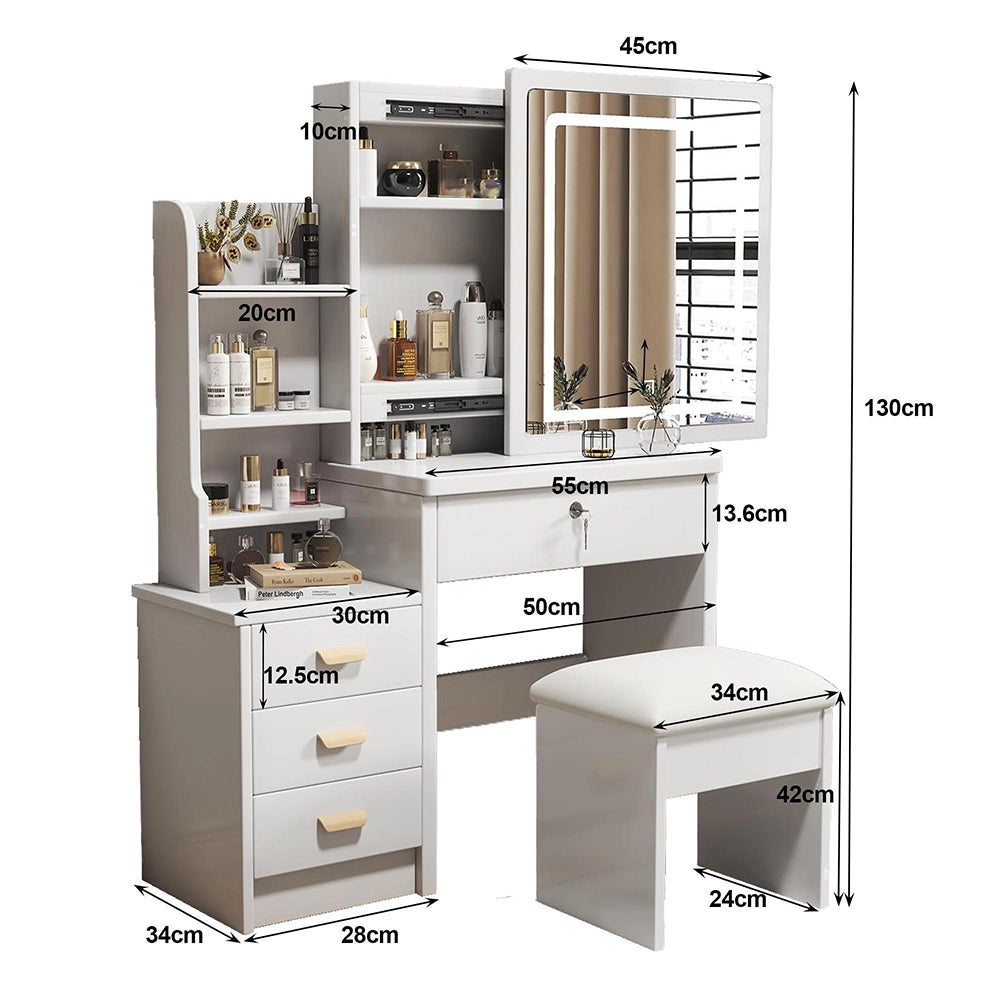 Toeletta elegante - Xylo - Specchio illuminato, 4 cassetti, L85xH130xP36 cm