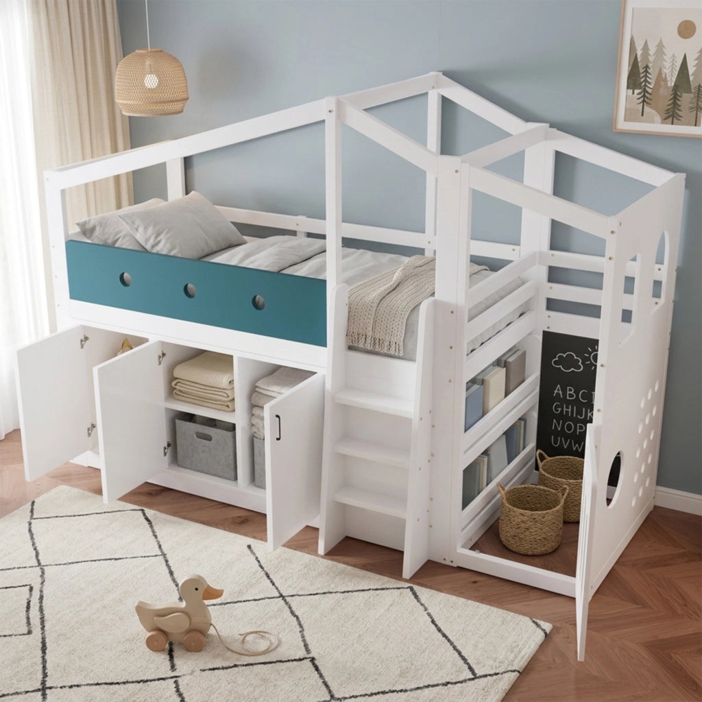 Letto a Soppalco 90 x 200 cm - Casetta; Armadio Contenitore e Scala - Bianco