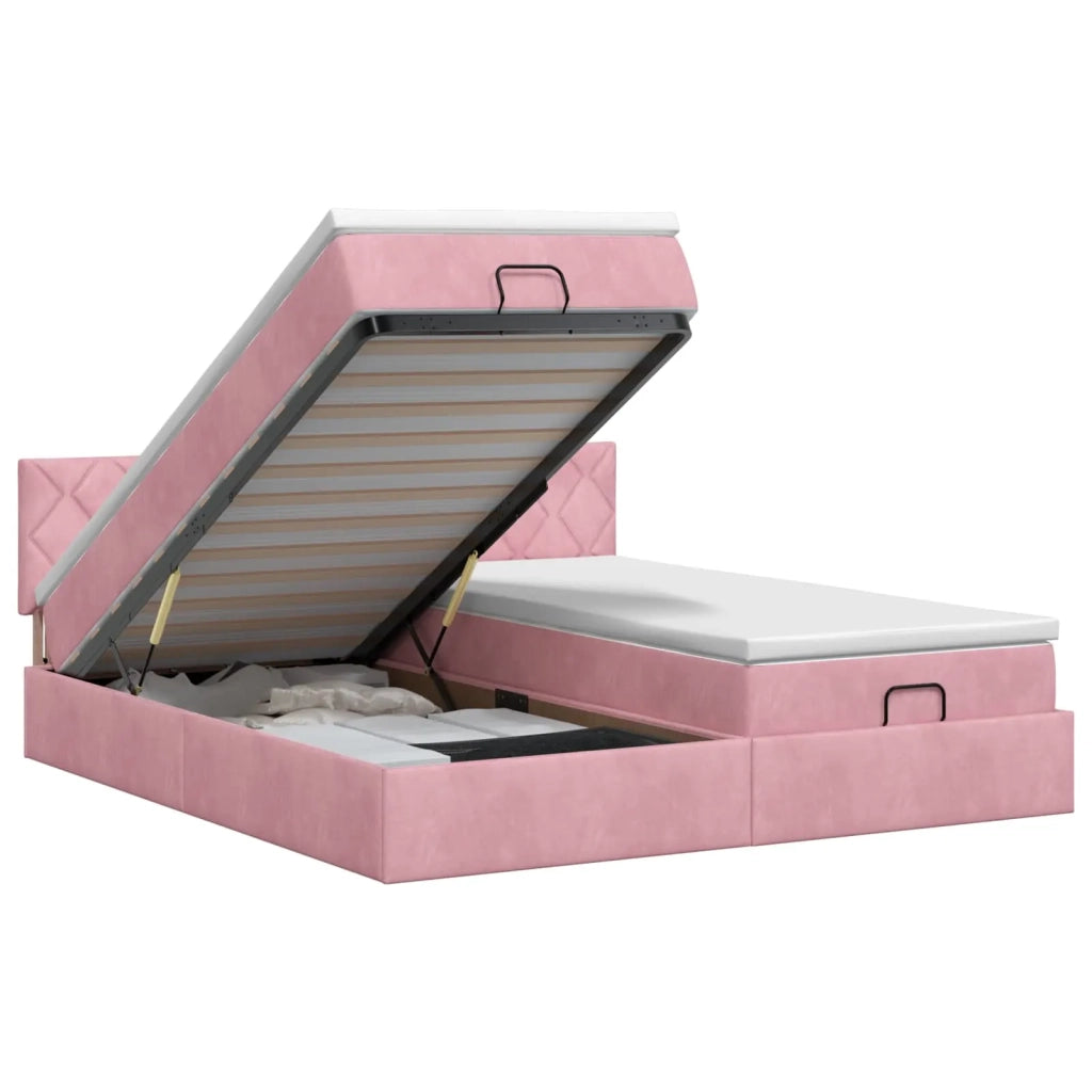 Letto ottomano con materasso con testiera 2 pz Rosa Velluto 3456767