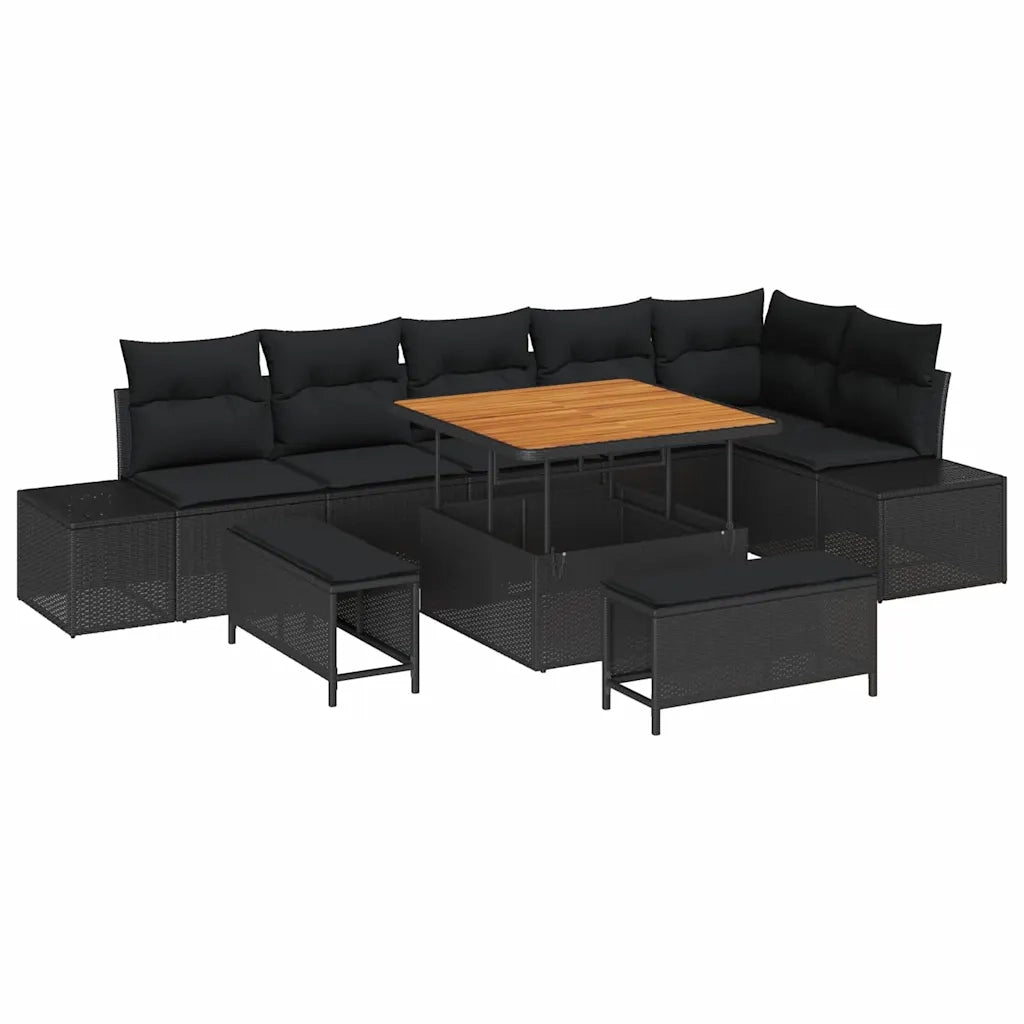 Set Divano da Giardino con cuscino 9 pcs Nero Poly Rattan