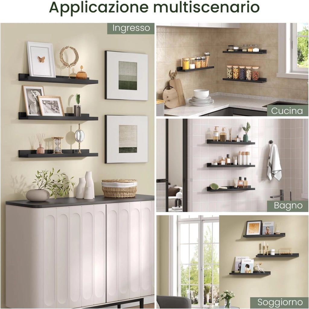 Set di 6 scaffali da Parete, per Foto, per Soggiorno, Camera da Letto, Bagno, Cucina, 60 x 5 x 12 cm