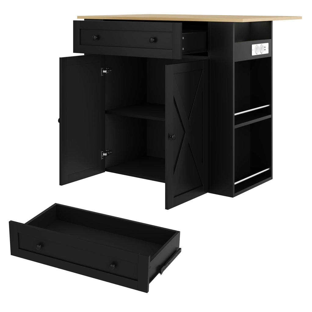 Isola da cucina con piano ribaltabile; presa 2 AC e 2 USB; MDF; 120 x 75 x 97 cm; nera