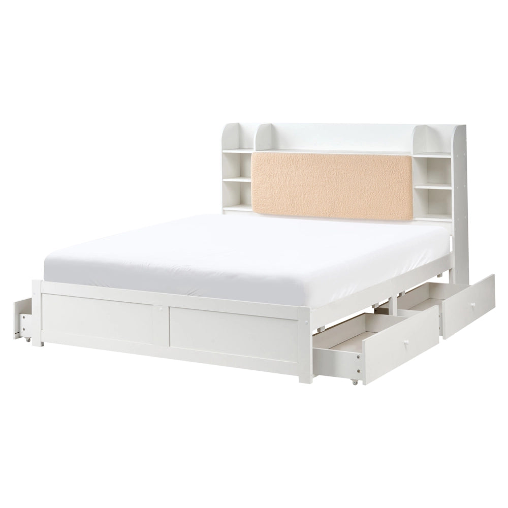 Letto matrimoniale in legno di pino MDF minimalista con contenitore 4 cassetti e ripiani testiera in bouclé bianco con rete 160 x 200 cm
