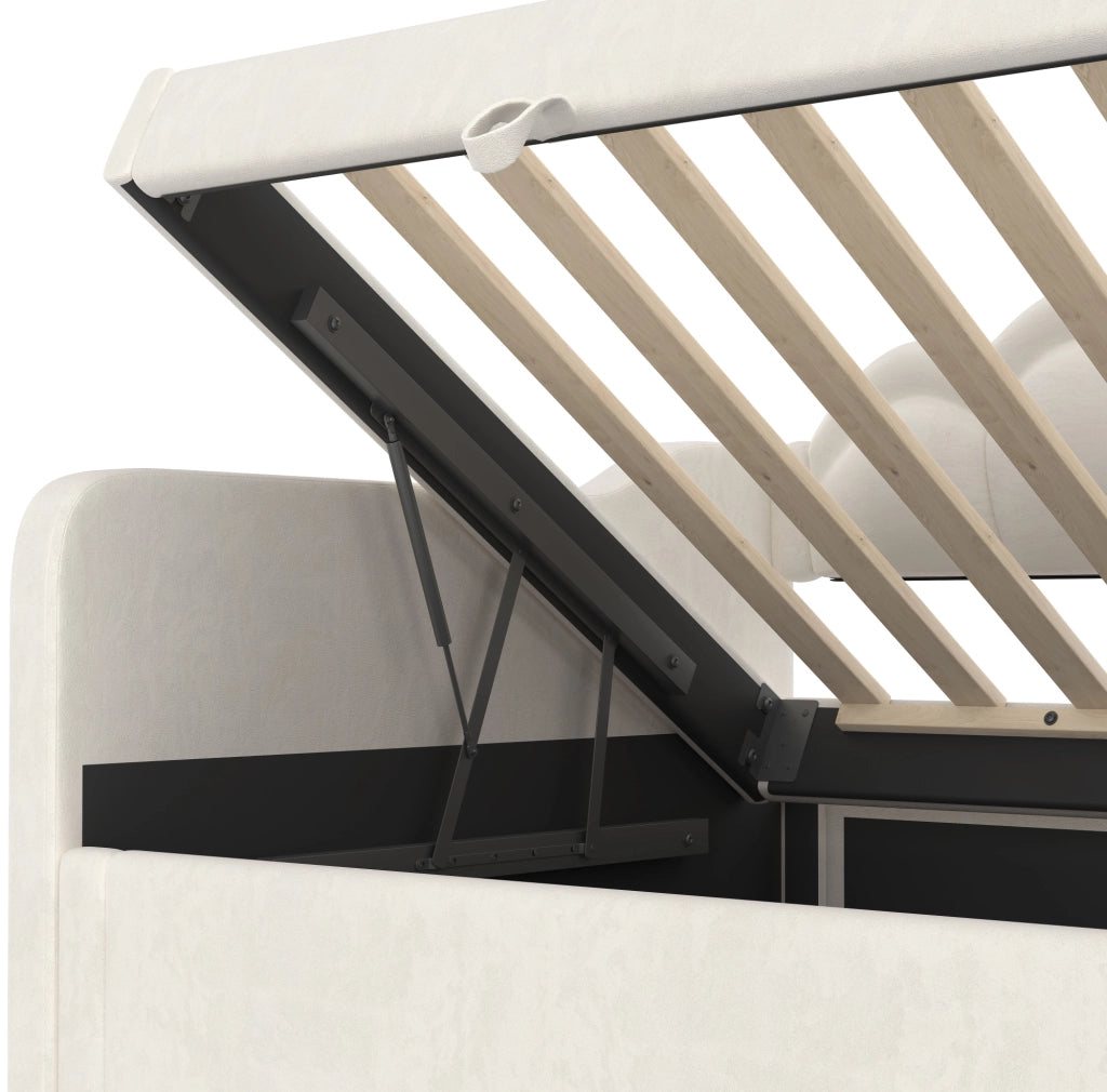 Divano letto con contenitore e LED, in velluto beige, 90x200 cm
