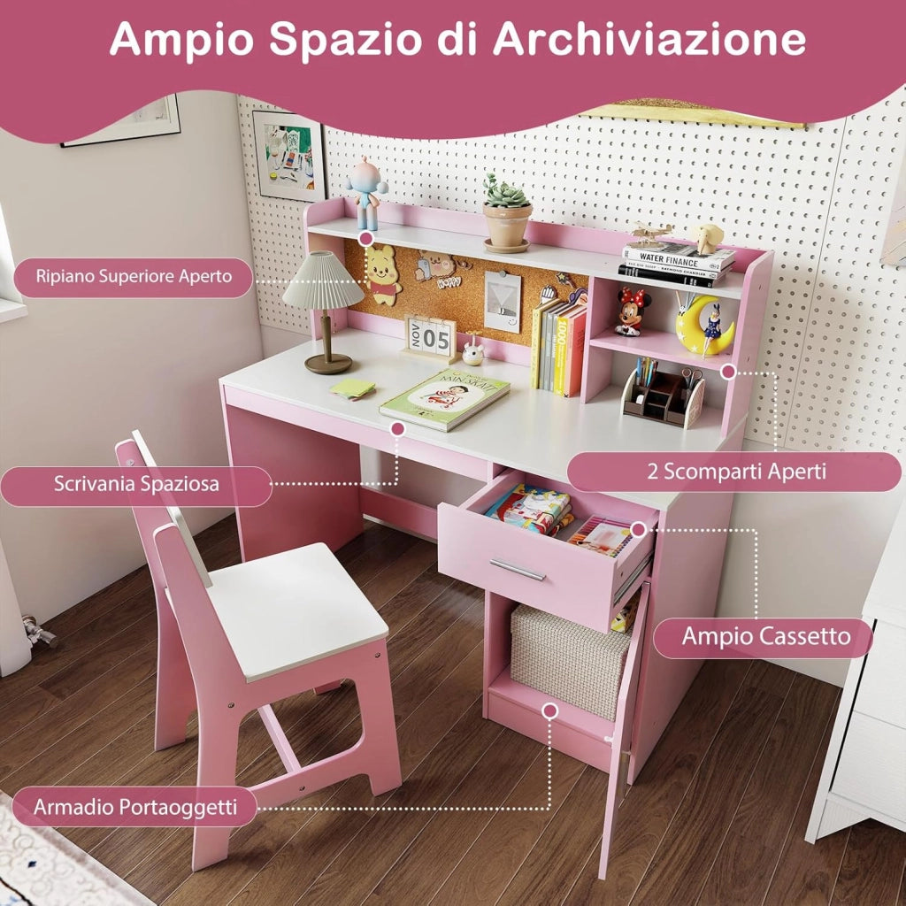Set Scrivania e Sedia per Bambini 3+ Anni, Tavolo da Scrittura in Legno con Mensole, Cassetto e Bacheca in Sughero, Tavolo e Sedia per Disegno e Studio (Rosa)