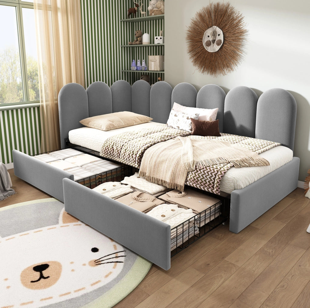 Letto singolo imbottito 90x200 cm con 2 cassetti, grigio