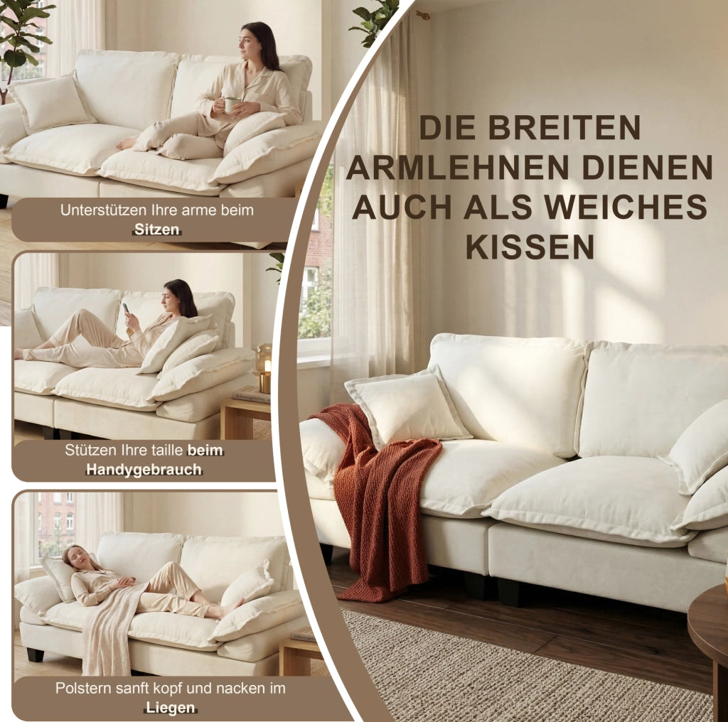 Divano 2 posti in chenille beige con braccioli curvi, design ispirato a barca a vela, ideale per spazi compatti