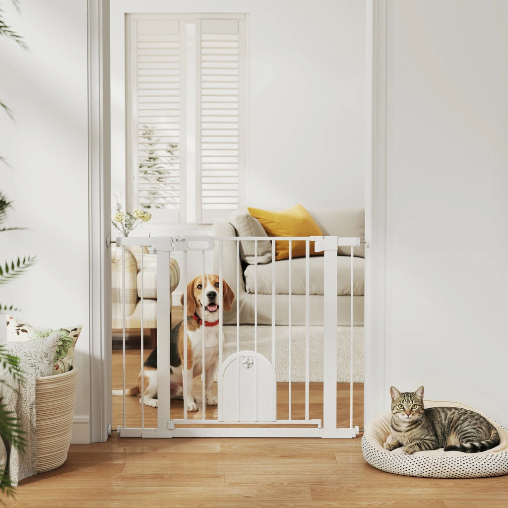 Cancellino per Cani Regolabile con Porta Piccola e Chiusura Automatica, 75-103x76cm, Bianco