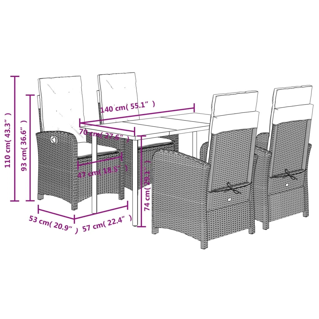 Set da Pranzo da Giardino 5 pz Nero con Cuscini in Polyrattan