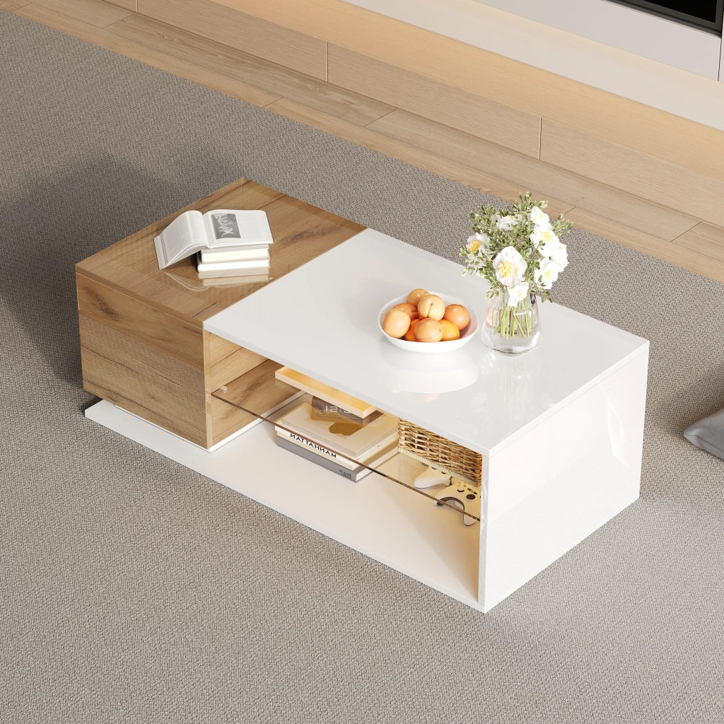Tavolino basso con LED e vano contenitore, moderno, in truciolare, per soggiorno, bianco rovere, 105 × 50 × 36 cm