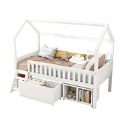 Letto Casetta Letto Singolo 90x200 cm con Cassetti; Ripiani e Scala - Bianco