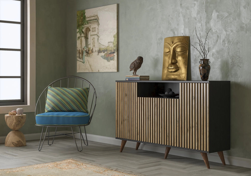 Credenza in legno "FRN-9004-1" - 140 x 35 x 91 cm - Legno, Nero, Pino Atlantico