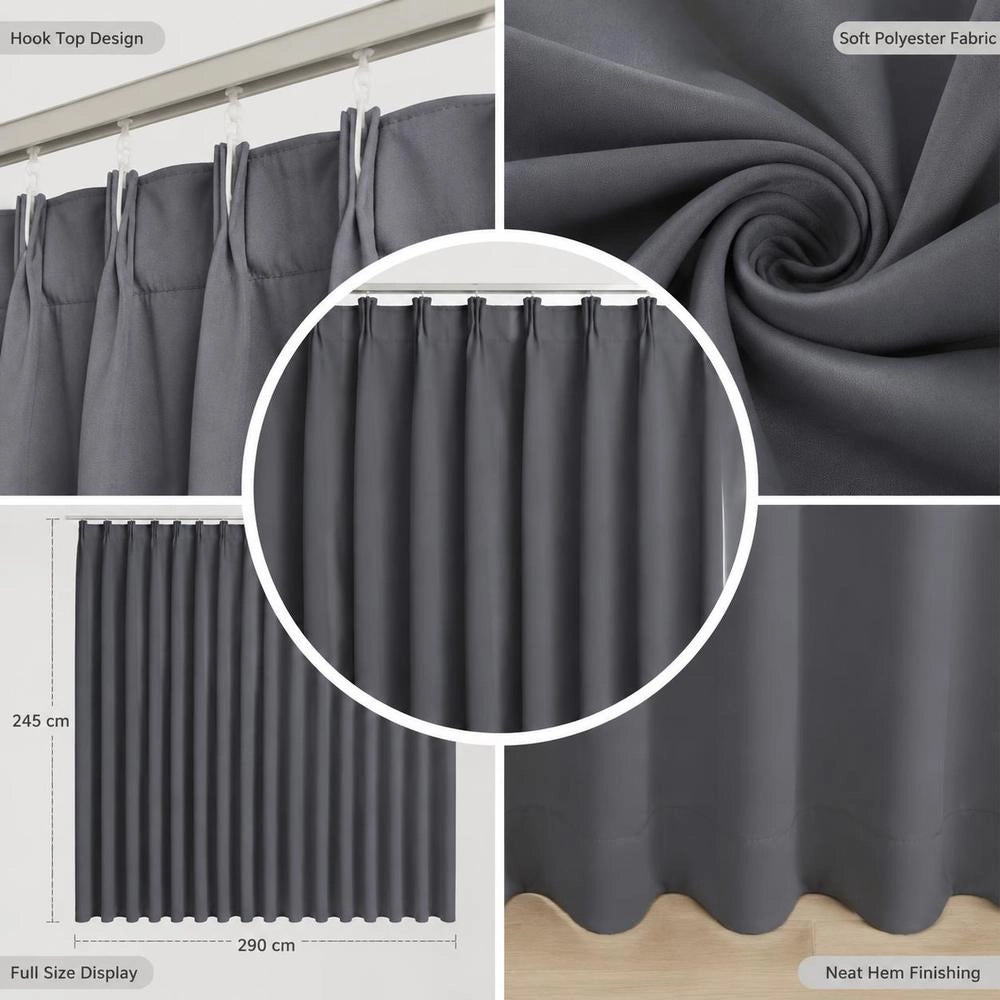 Blackout Curtain With Hooks, Grey, 290 X 245 Cm