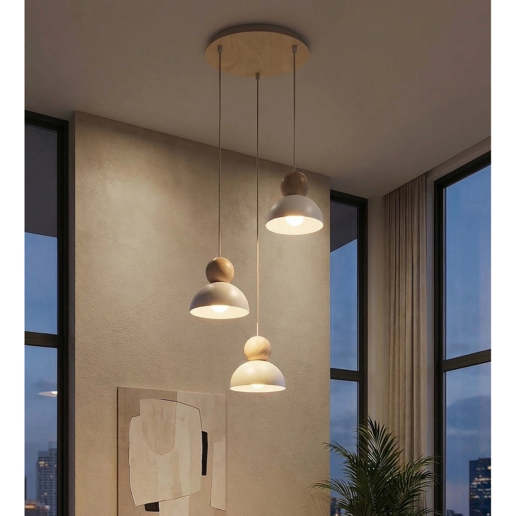 Lampada a sospensione KAKI in acciaio bianco opaco e legno