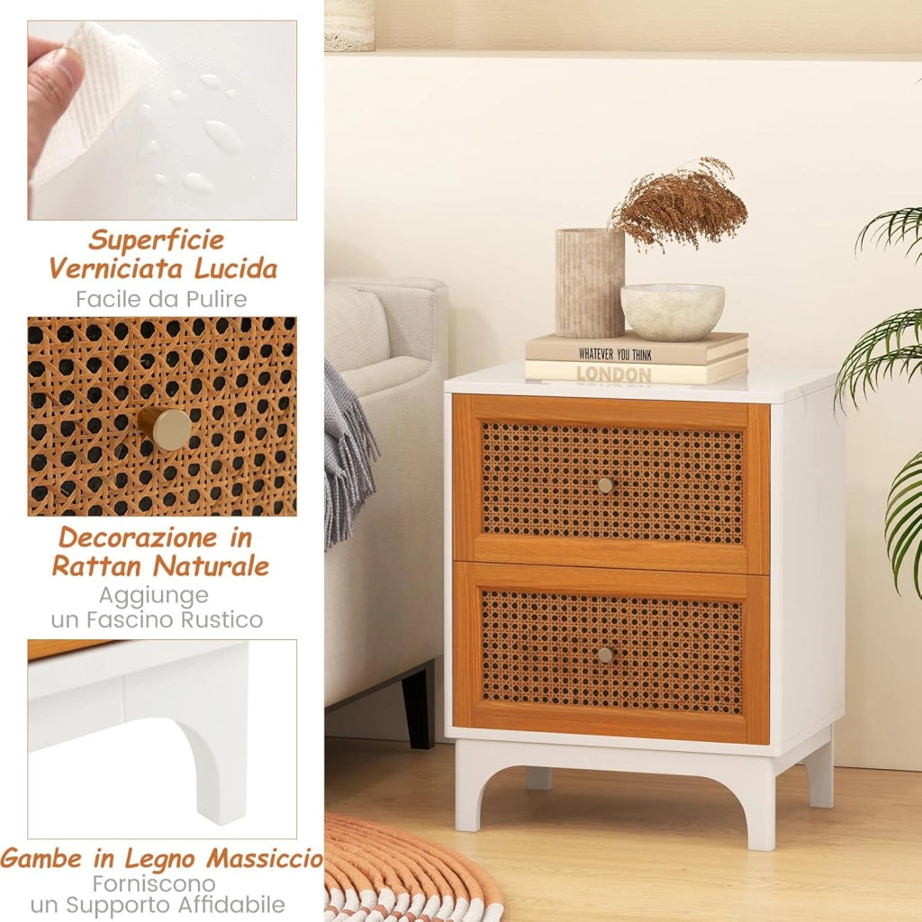 Comodino in Legno con 2 Cassetti, Tavolino Boho con 2 Cassetti Decorati in Rattan Intrecciato, Comodino con Gambe in Legno Massello, per Camera da Letto e Soggiorno, 46 x 33 x 59,5 cm