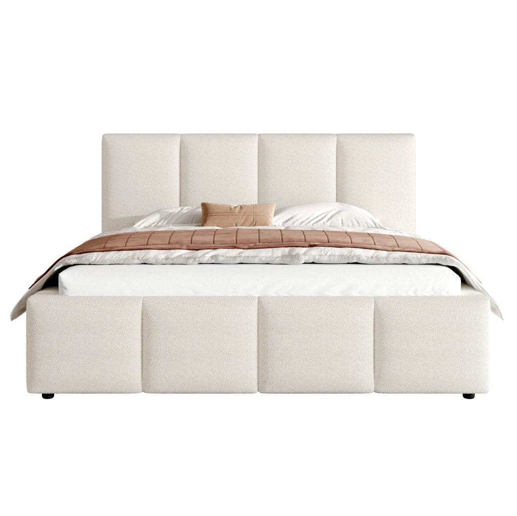 Letto matrimoniale imbottito 180x200 cm in tessuto bouclé beige con rete a doghe