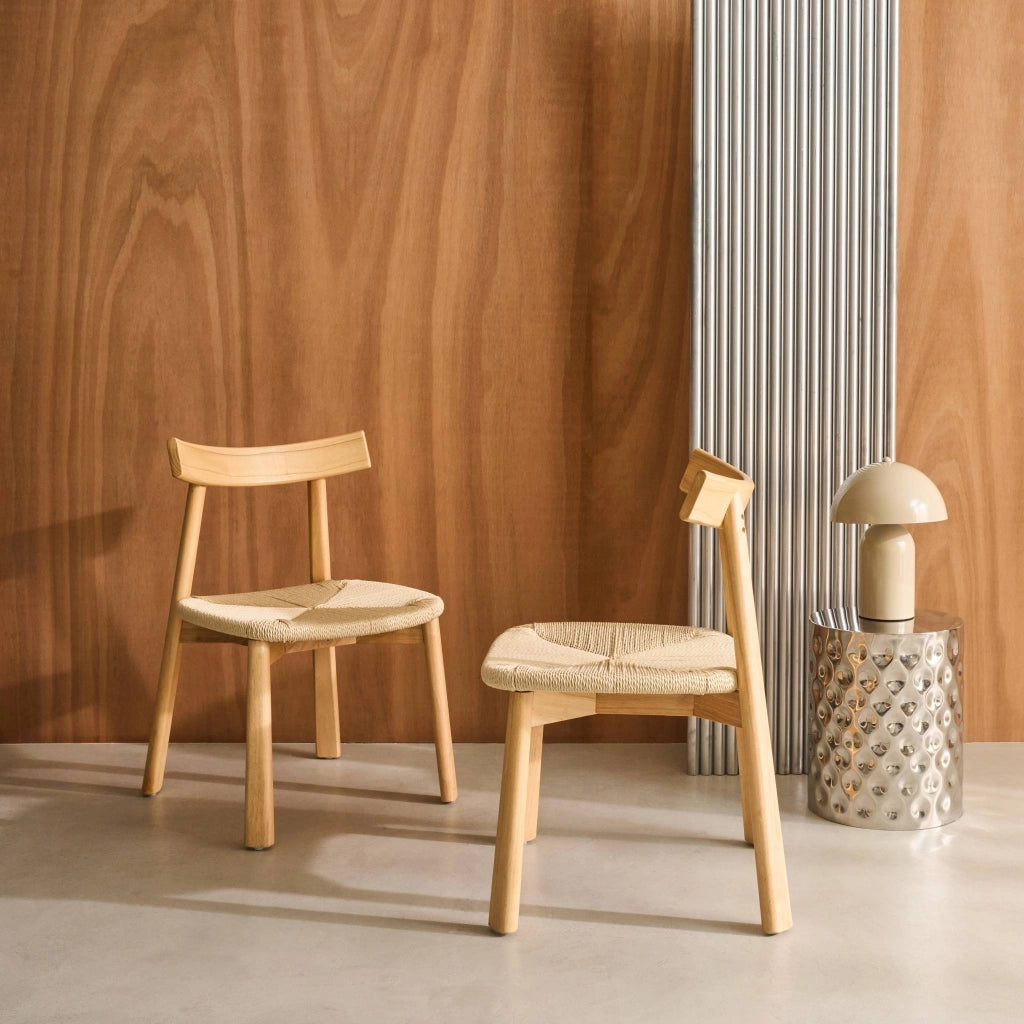 Set 2 sedie scandinave legno hevea seduta in corda, marrone naturale