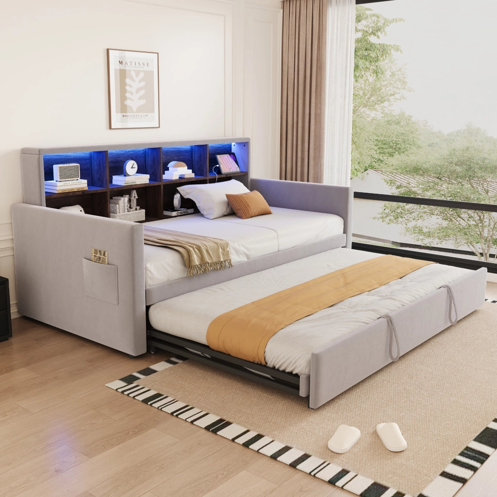 OKWISH Letto Divano Letto Singolo, Cassetti, LED, USB e Tipo C, 90 x 190 cm, senza materasso, Velluto Grigio Chiaro