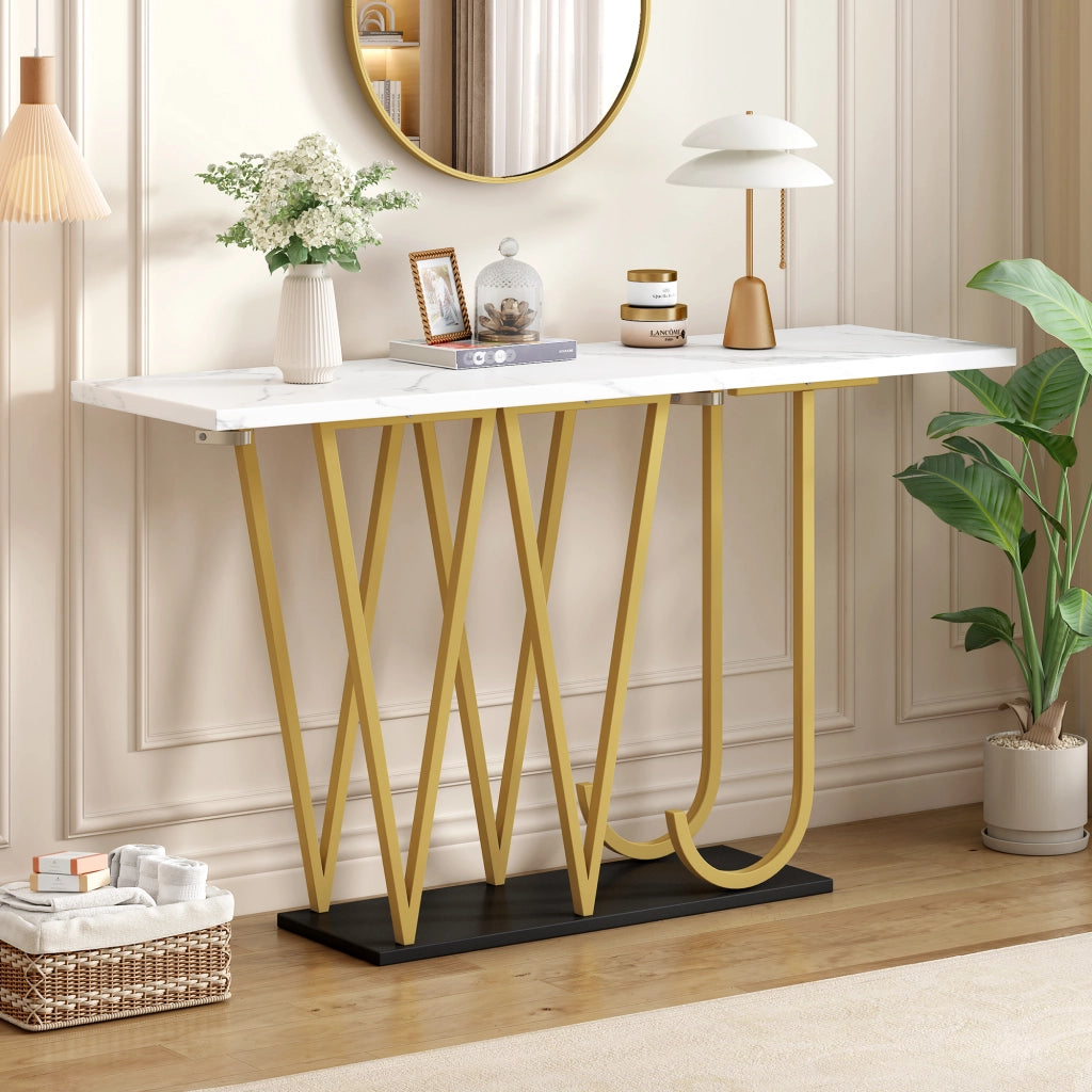 Consolle con vano aperto e piano in effetto marmo, per ingresso e soggiorno, in MDF e metallo bianco, 120 × 29,5 × 80 cm