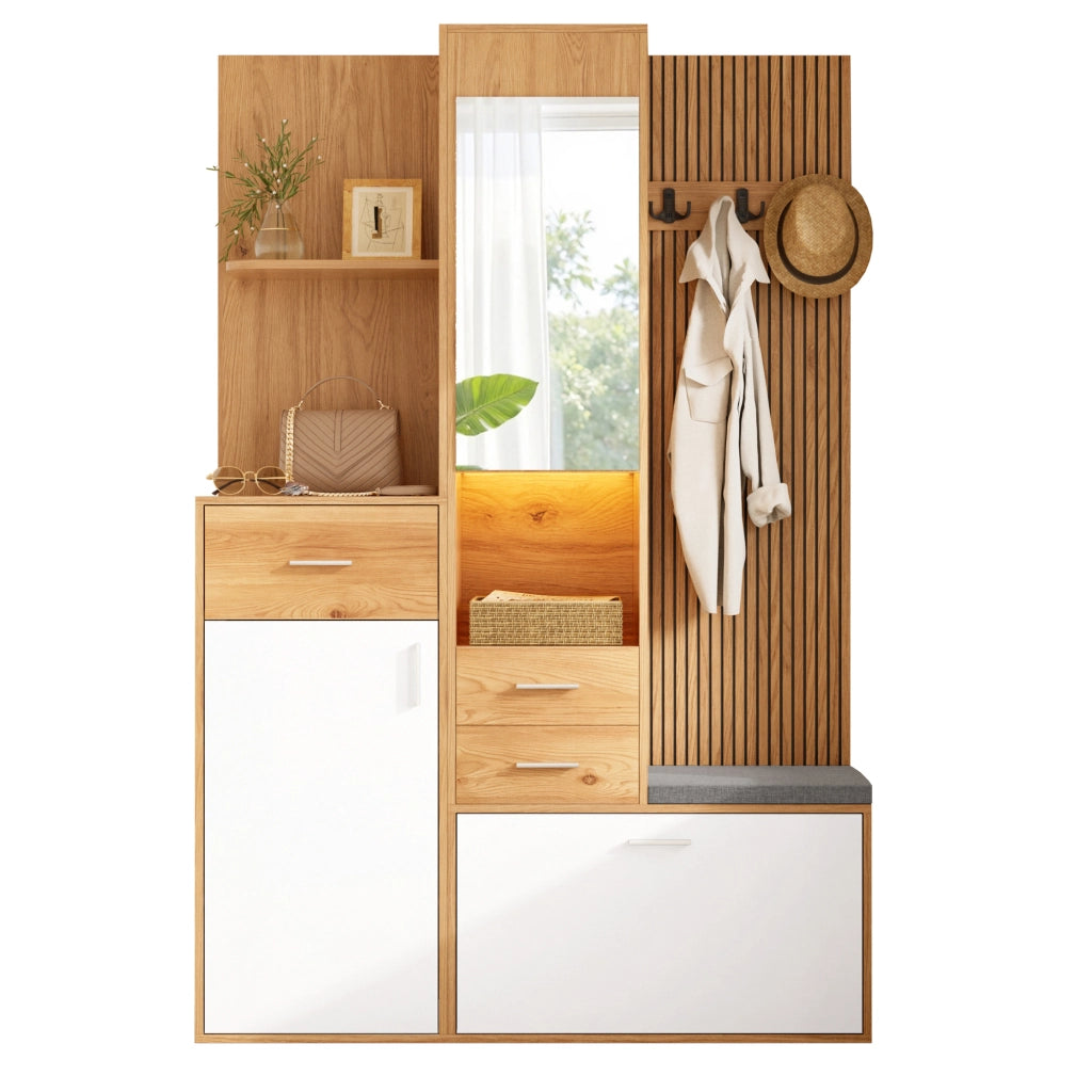 Guardaroba da ingresso multifunzione con specchio; panca; 2 cassetti; LED con app; 120 × 32 × 178 cm