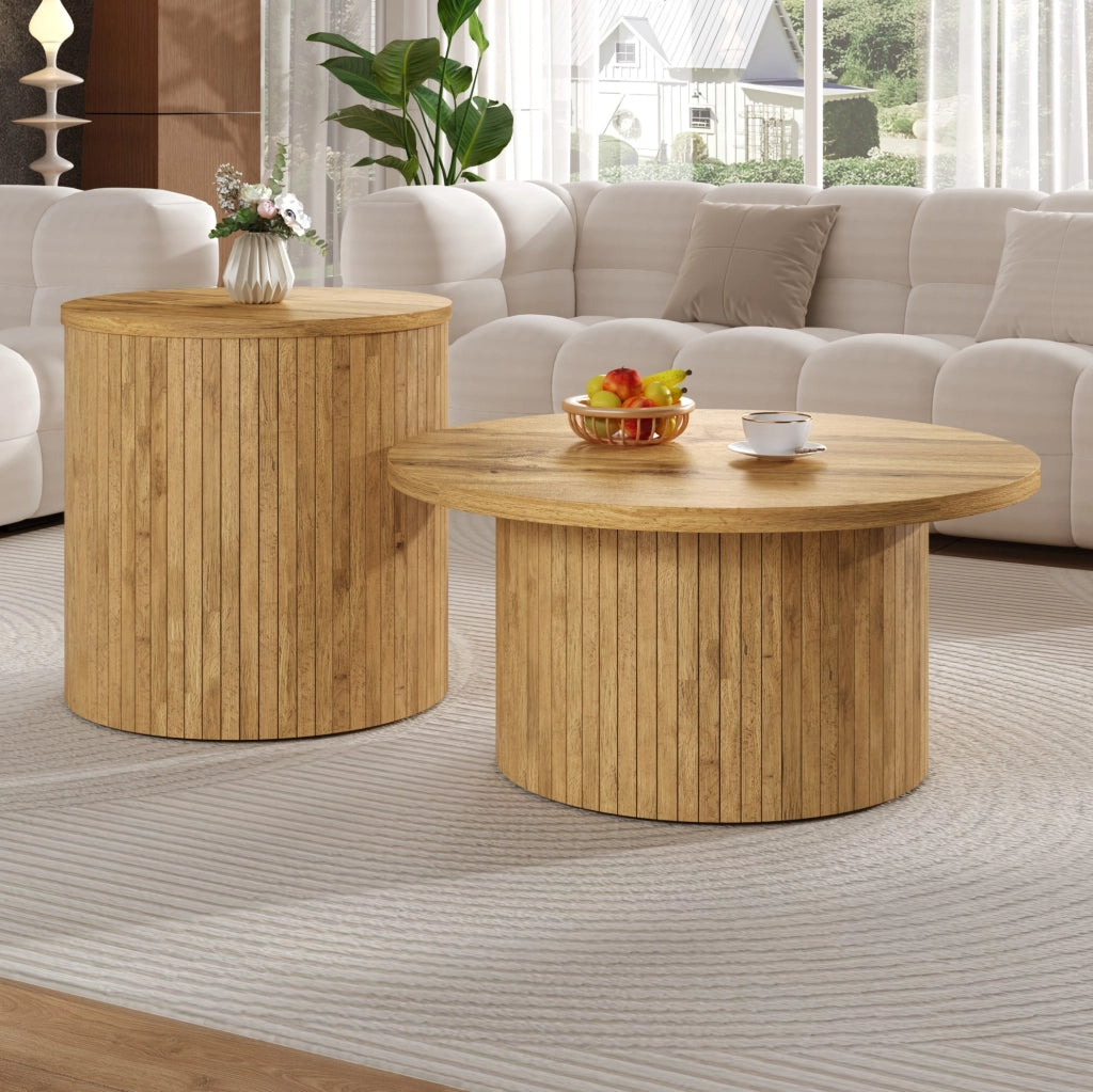 Set di tavolini da salotto rotondi 75x75x36 cm e 50x50x50.5 cm in MDF colore naturale