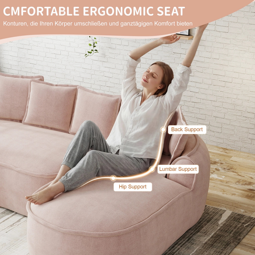 Divano modulare senza struttura a due moduli convertibile in letto con design ergonomico e cuscini in ciniglia rosa