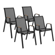IDMarket - Set di 4 sedie da giardino impilabili NOUMEA in metallo e textilene, nero e legno