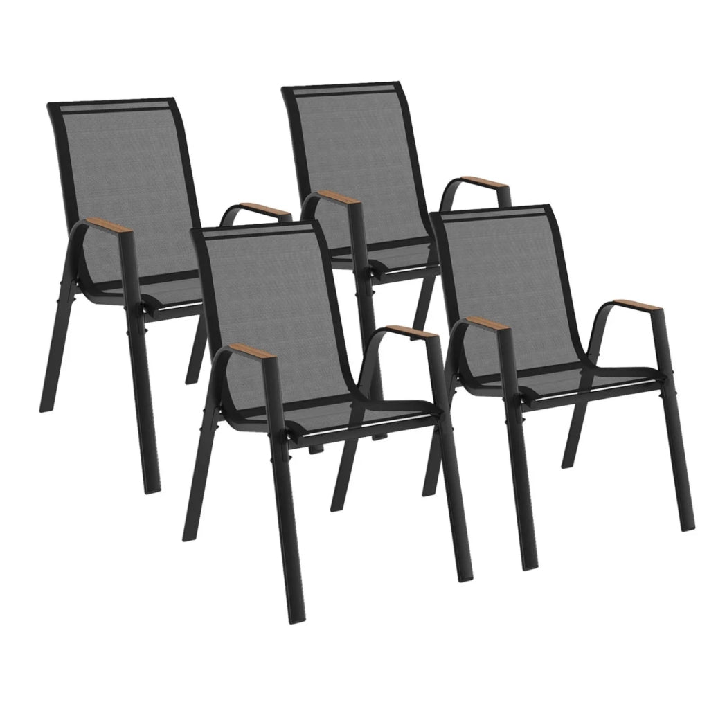 IDMarket - Set di 4 sedie da giardino impilabili NOUMEA in metallo e textilene, nero e legno