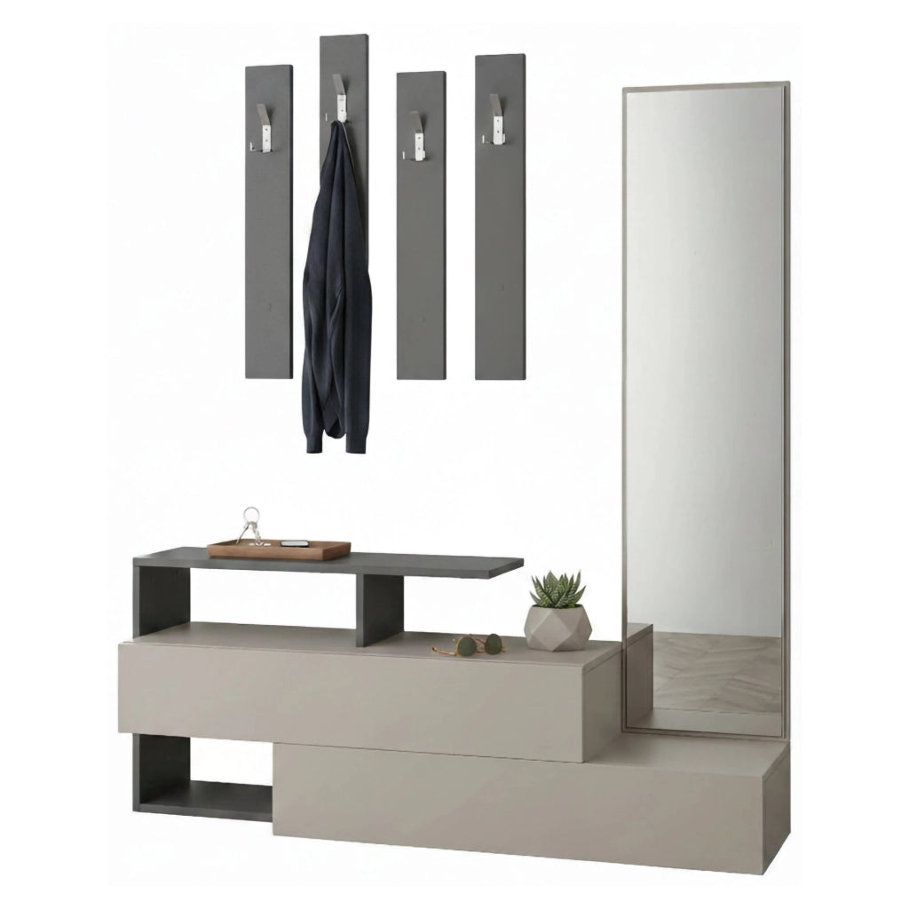 Mobile da ingresso Ascari, Entratina appendiabiti, Composizione per atrio, Consolle portaoggetti multifunzione, 137x35h55 cm, Tortora e Antracite