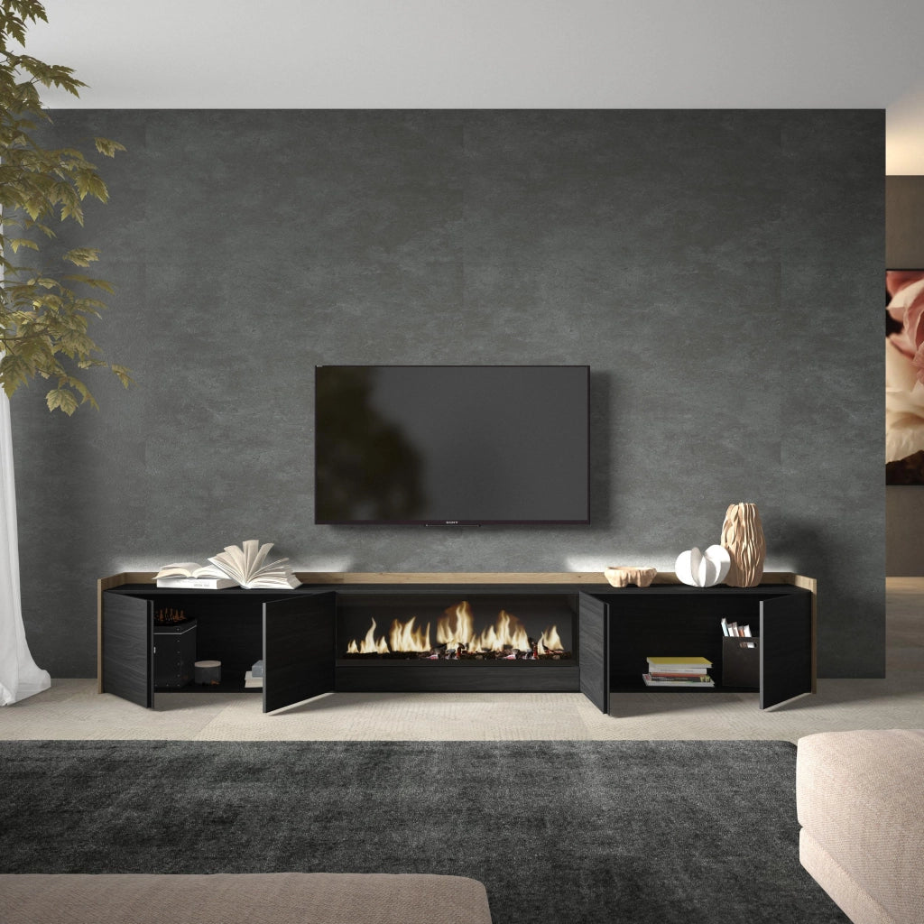 Mobile TV Soggiorno, 315x50x35 cm, Per TV fino a 80", Camino elettrico XXL, LED, Nero e rovere