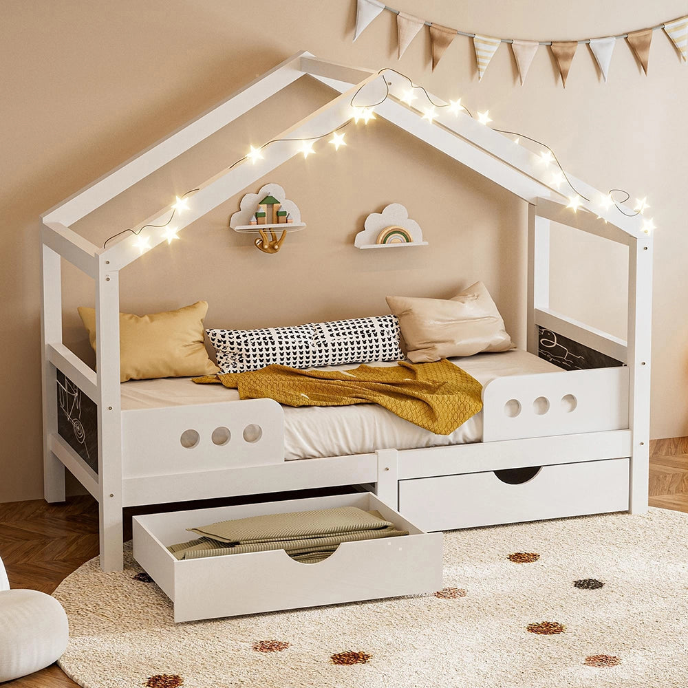 Letto bambino con tetto?- Xylo - 90x200cm 2 cassetti legno