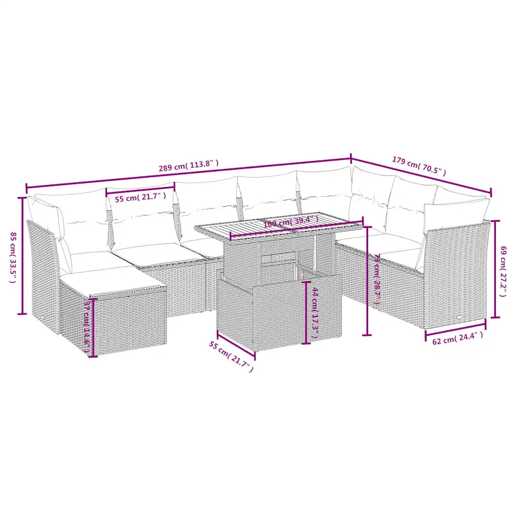 Set Divano da Giardino 9 pz con Cuscini Beige in Polyrattan