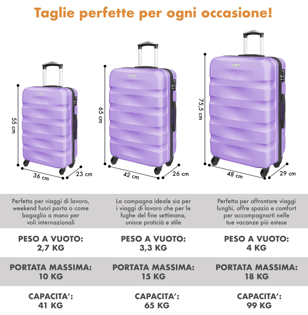 Set Di 3 Valigie Rigide ABS Valigia Da Viaggio Con Chiusura Lucchetto Combinazione Grande Media Piccola Forti Resistenti Manico Telescopico Trolley Borsa Vacanze Set Viaggio Treno Aereo Auto Lilla