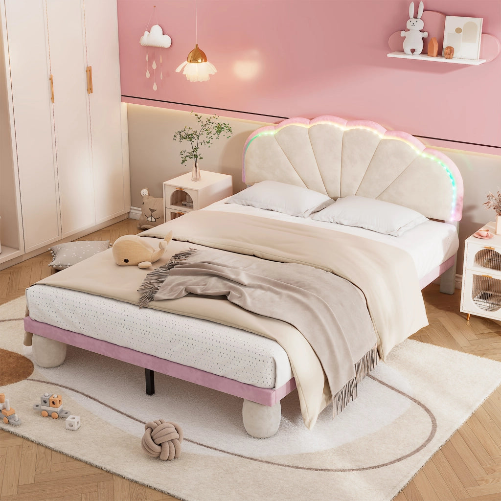 OKWISH Letto Imbottito 140×200 cm, Letto Matrimoniale con Striscia Luminosa Multicolore e Testiera Ondulata, senza Materasso, in Velluto, Beige